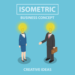 Isometric businessman and businesswoman with light bulb instead