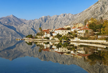 Naklejka premium View of Bay of Kotor and Dobrota village in winter, Montenegro