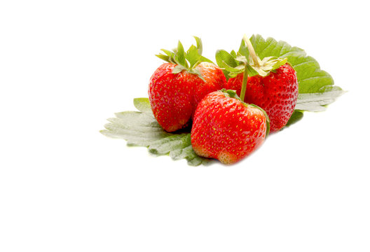 Fresh Strawberries with leaf on white background.