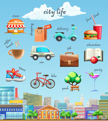 Naklejka premium City life, set of vector icons