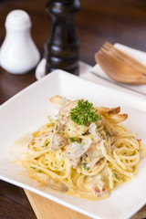 spaghetti carbonara on bowl,closeup