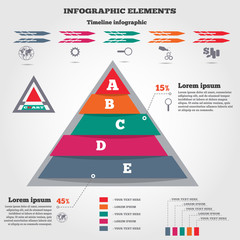 Infographics elements. Pyramid chart, timeline diagram and icons. Modern colored flat banner with five options. Vector illustration