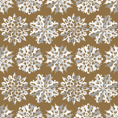 Seamless christmas origami snowflake pattern. Paper cut out three-dimensional signs with shadow. White icons on gold background. Winter, New Year texture. Vector