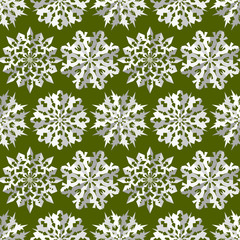 Seamless christmas origami snowflake pattern. Paper cut out three-dimensional signs with shadow. White icons on green background. Winter, New Year texture. Vector