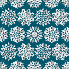 Seamless christmas pattern. Origami, paper  white snowflakes silhouettes on blue, aqua background. Paper cut out convex sign with shadow. Winter theme texture. Vector illustration
