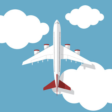 Airplane flying above the clouds - flat design