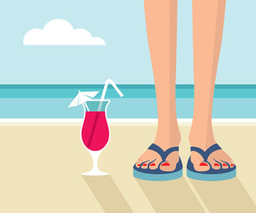 Girl in flip flops on the beach with her cocktail - obrazy, fototapety, plakaty