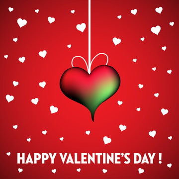 Abstract colorful background with red heart hanging among white hearts. Valentine's Day theme