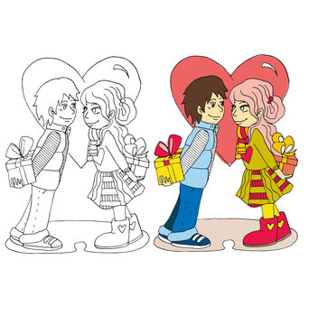 the cartoon image of couple for valentines day color and for coloring isolated on the white background