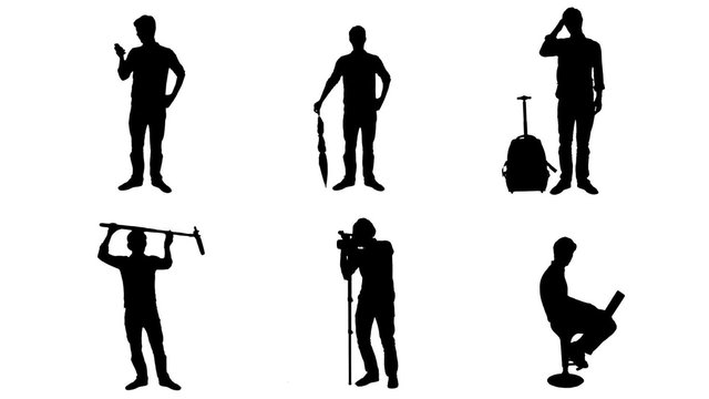 Silhouettes people action mix - 1080p. Different silhouettes. smartphone guy , cameramen, traveler, business man, dancer and sound engineer silhouettes - 1080p
