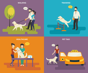 Family with pet concept flat icons set
