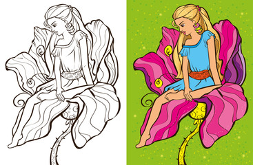 Colouring Book Of Cirl Sit On Flower