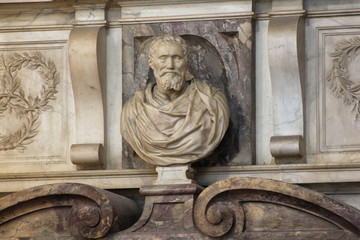 FLORENCE, ITALY - NOVEMBER, 2015: Tomb of Michelangelo Buonarroti, Santa Croce cathedral, world heritage site, detail
