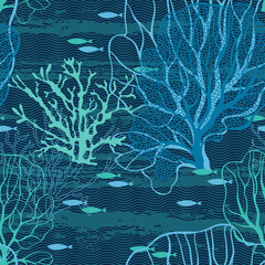 Undersea world. Seamless vector pattern with sea plants and fish