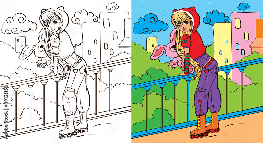 Wall mural Colouring Book Of Girl With Toy