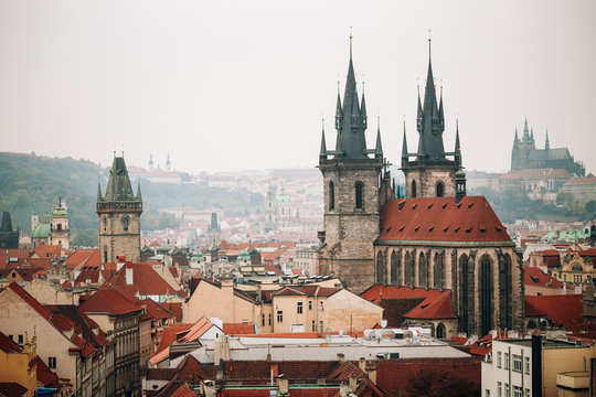 Cityscape of Prague, Czech Republic. Famous town hall, Church Of