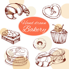 Vector desserts elements in hand drawn style. Delicious food. Art illustration.  Sweet pastry for your design in cafe menu, posters, brochures