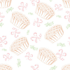 Dessert seamless pattern. Sweet background in hand drawn style. Wallpaper with pie, candy. Vector illustration for cafe menu, banner, recipe and etc.