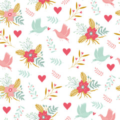 Spring decorative hand drawn seamless pattern with cute lovely birds and flowers. 