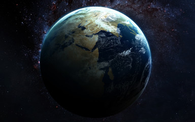 Vue haute résolution de la planète Terre. Le globe terrestre depuis l& 39 espace dans un champ d& 39 étoiles montrant le terrain et les nuages. Les éléments de cette image sont fournis par la NASA