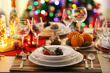 Christmas table setting with holiday decorations