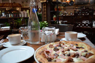 Pizza on a table in a restaurant