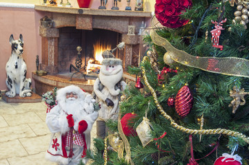 Hearth with Santa Claus and Christmas tree