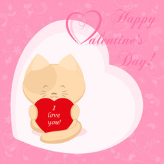 Banner for design poster or card Valentine's Day with small cute kitten and balloon in the shape of heart