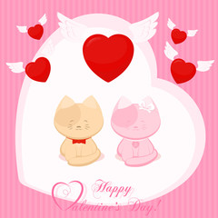 Banner for design poster or card Valentine's Day with two small cute kittens and flying abstract symbols hearts