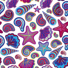 Graphic pattern with seashells, sea stars. Hand drawing. Seamless for fabric design, gift wrapping paper, printing.