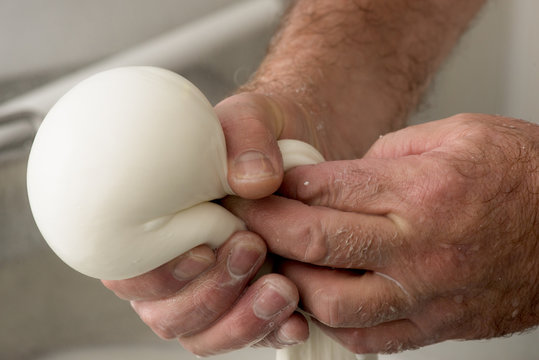 close up of hands doing a mozzarella in a dairy