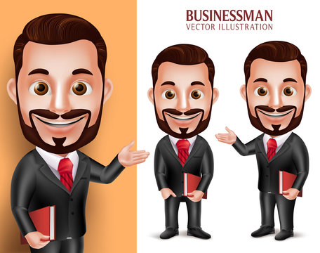 3D Realistic Professional Lawyer Man Student Vector Character Happy Holding Book Isolated in White Background. Set of Vector Illustration
