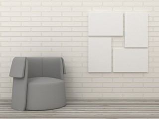 Empty picture frames in classic interior background on the brick wall with wooden floor. Copy space image. 3d render