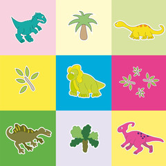 Dinosaurs in colored rectangles.