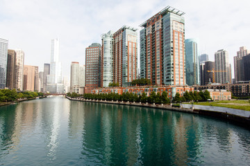 Color DSLR image of City of Chicago, looking up the Chicago River