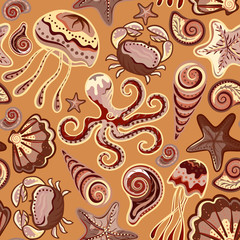 Seamless marine pattern. Sea, octopus, crab, corals, fish, anchor, starfish, seahorse. The underwater world.
