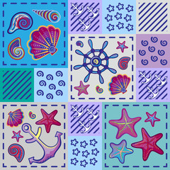 Seamless marine pattern in patchwork style with shells starfish wheel and anchor. Beautiful graphic sea background.