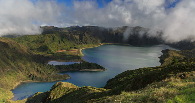 Lagoa do Fogo and green valley on San Miguel island of Azores, timelapse
