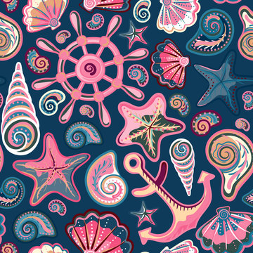 Seashell seamless pattern - vector illustration