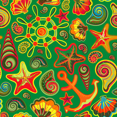 Nautical background, bright seamless pattern with sea shells, anchor, wheel, starfish