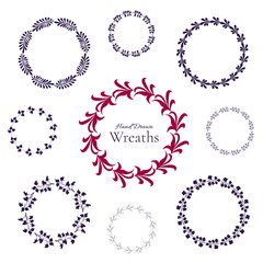 Set of nine isolated floral wreaths. Hand drawn design elements set. Leafy beautiful wreaths are perfect for web design, decoration, invitations, wedding cards and prints.