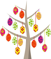 Verschiedene Ostereier am Baum aufgehängt