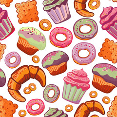 Vector food bakery seamless pattern with baked goods. Flour products from pastry shop. Illustration for print, web.