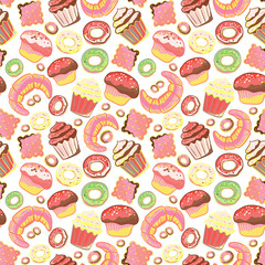 Seamless pattern with various pastries. Bakery products