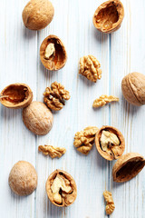 Walnuts on a blue wooden table