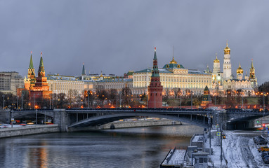 Kremlin embankment. Morning blue hour winter shot