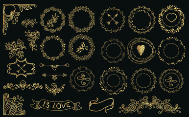 Collection of handdrawn gold laurels and wreaths.