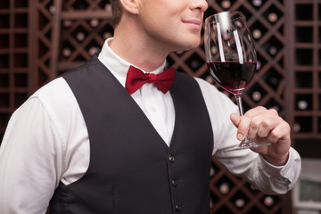 Skillful winehouse worker is examining elegant beverage