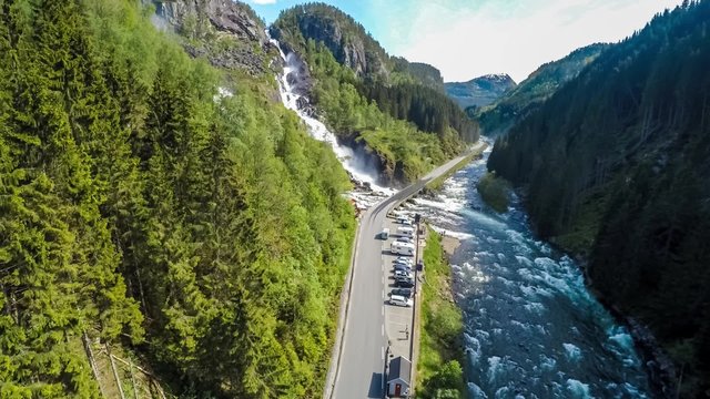 Aerial footage Latefossen Waterfall Odda Norway. Latefoss is a powerful, twin waterfall. View from the bird's-eye view.