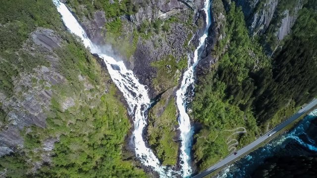 Aerial footage Latefossen Waterfall Odda Norway. Latefoss is a powerful, twin waterfall. View from the bird's-eye view.